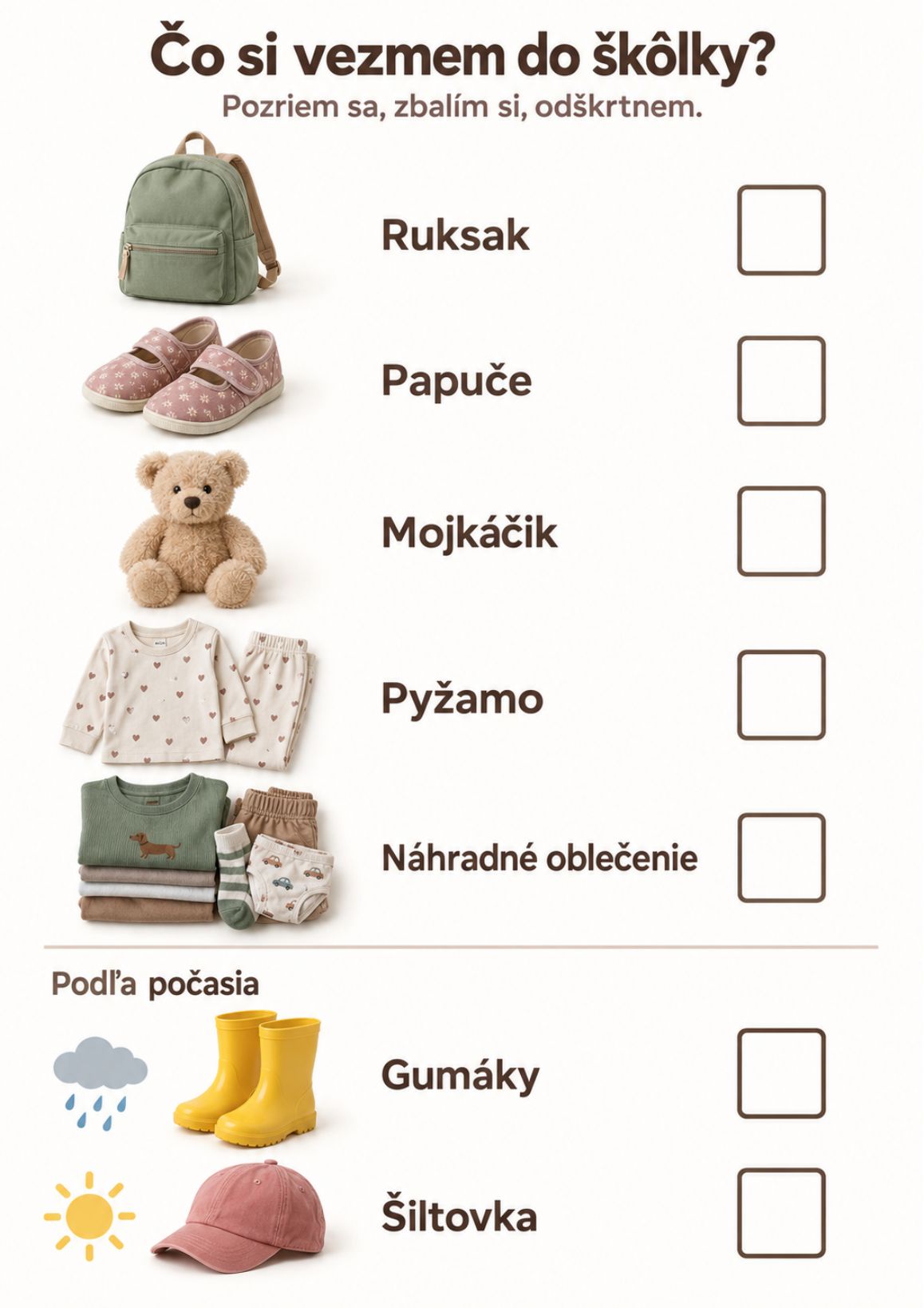 Obrázkový zoznam do škôlky: ruksak, papuče, mojkáčik, pyžamo, náhradné oblečenie, gumáky a šiltovka